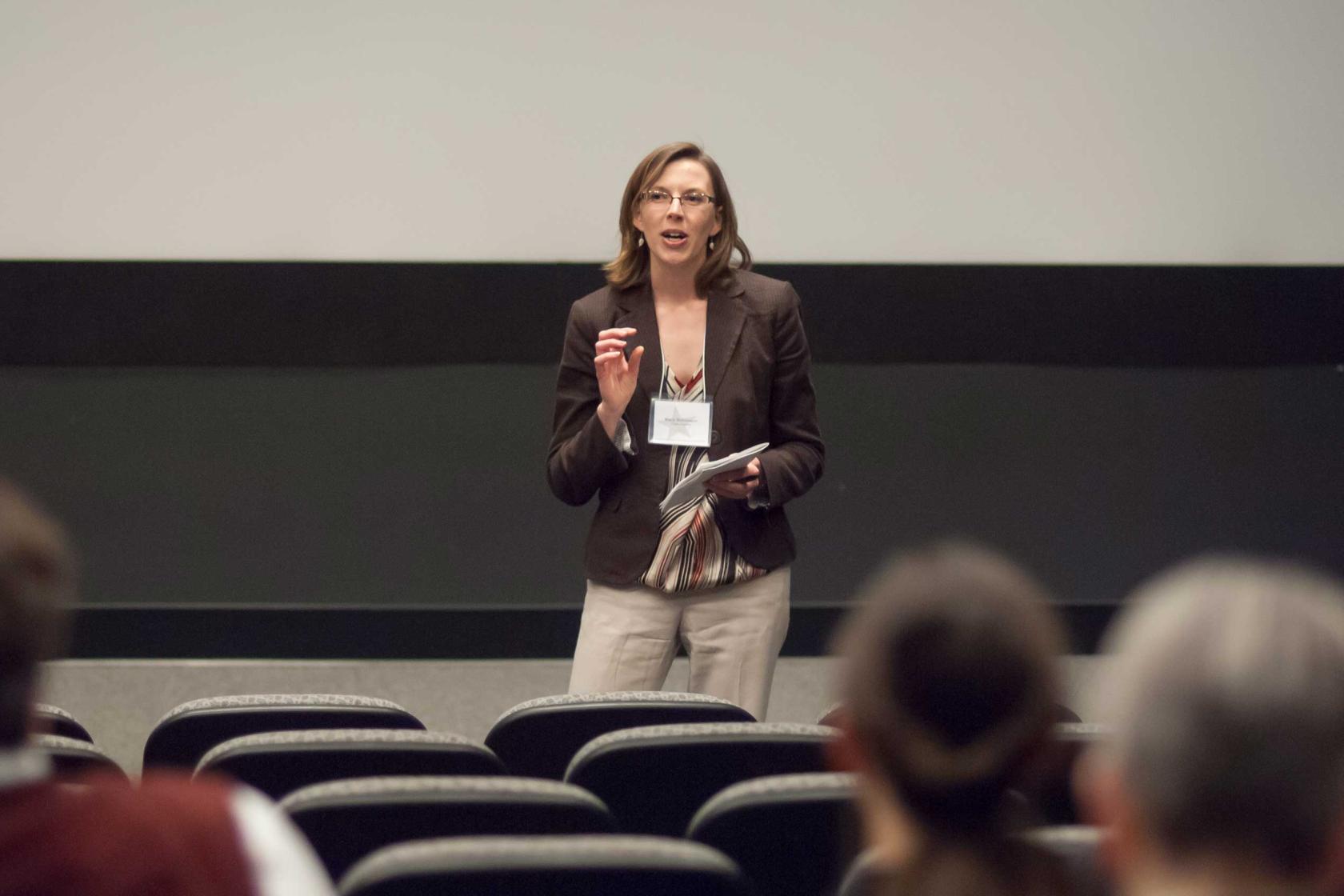 Mary Simonson speaks at a Colgate film symposium