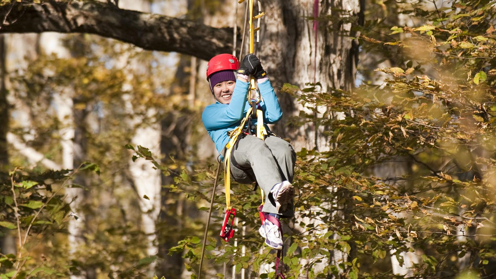 a person on a zipline in the woods