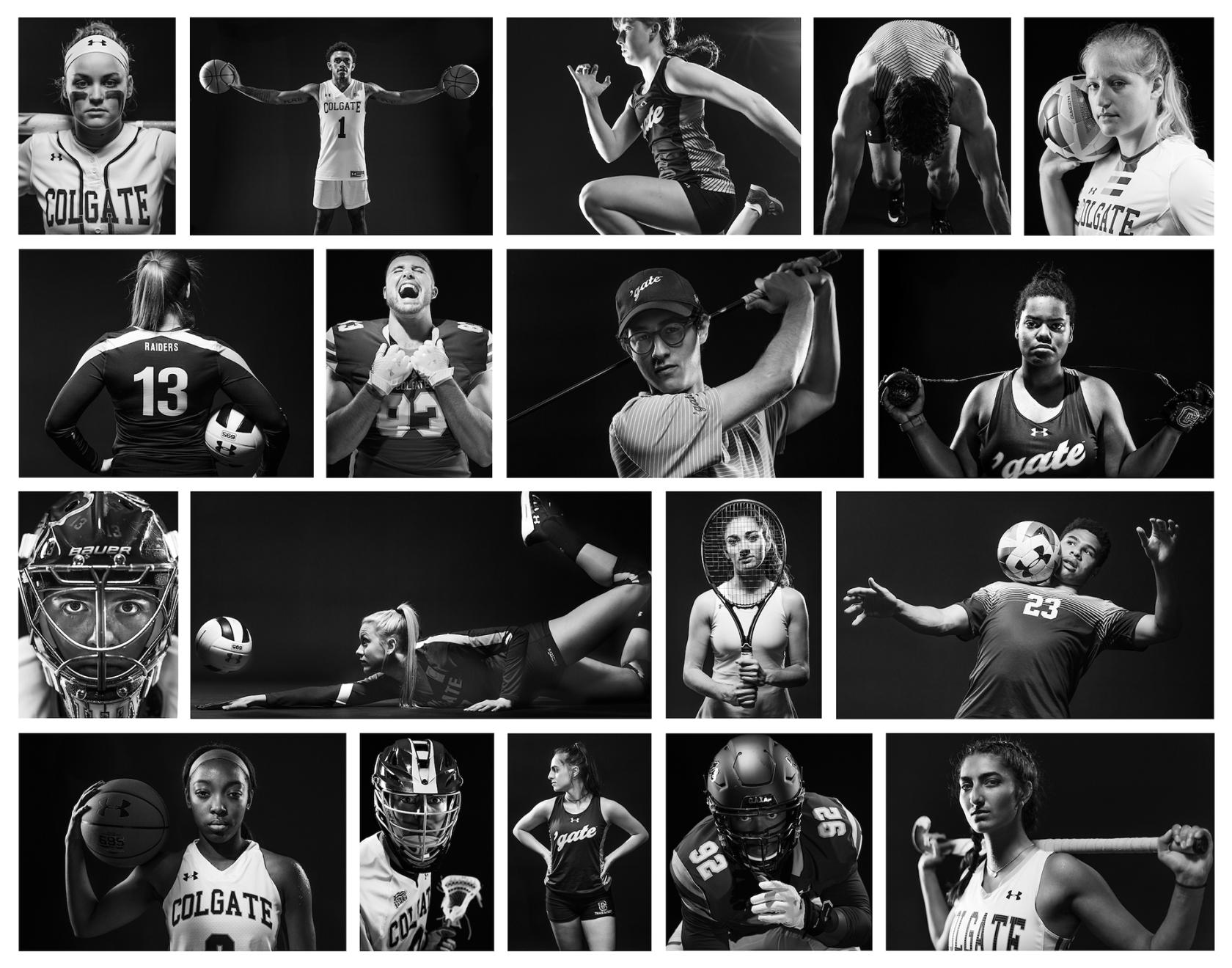 Black and white collage of Colgate student athletes