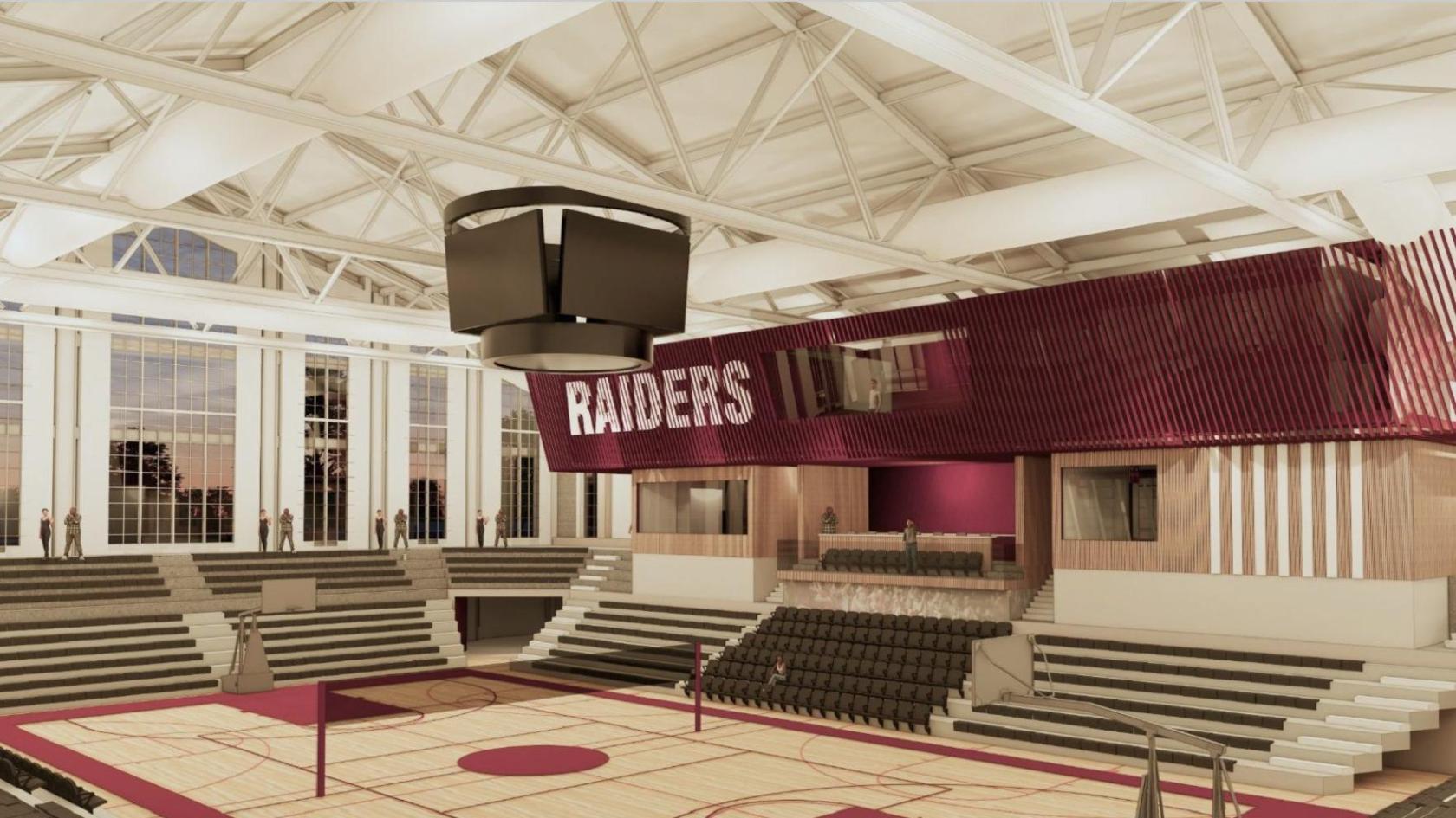 A rendering of the planned basketball, volleyball facility within the Carey Center.
